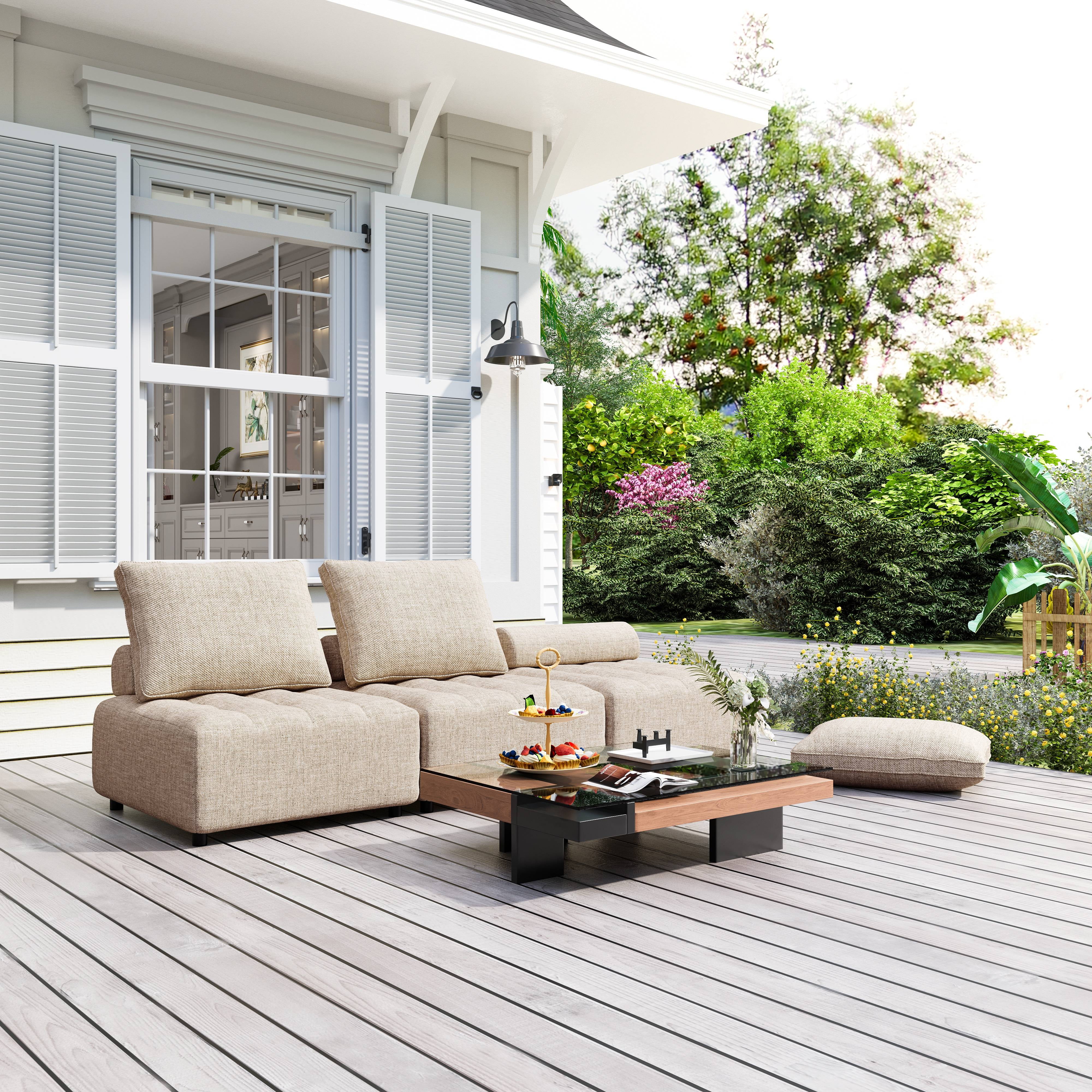 PORKISS 3-Piece Outdoor Sectional Sofa Set, Modern Patio Furniture with Aluminium Frame, Support and Back Cushion, Modular Couch with Waterproof Sofa Cover for Living Room, Balcony, Light Brown