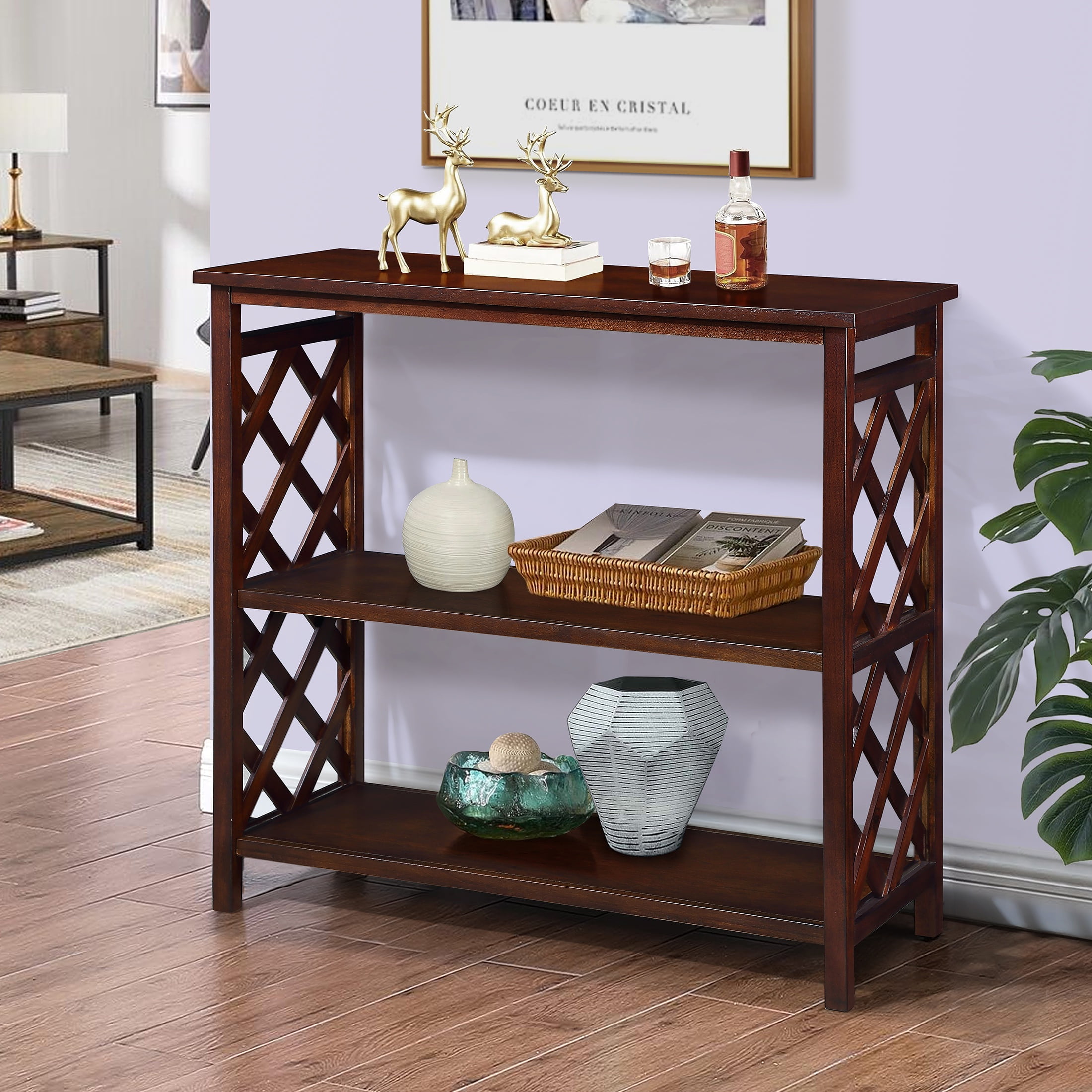 PORKISS 3-Tier Solid Wood Console Table, Entryway Table Hallway Table with Storage Shelves, Open Bookshelf Bookcase for Living Room, Foyer, Cherry