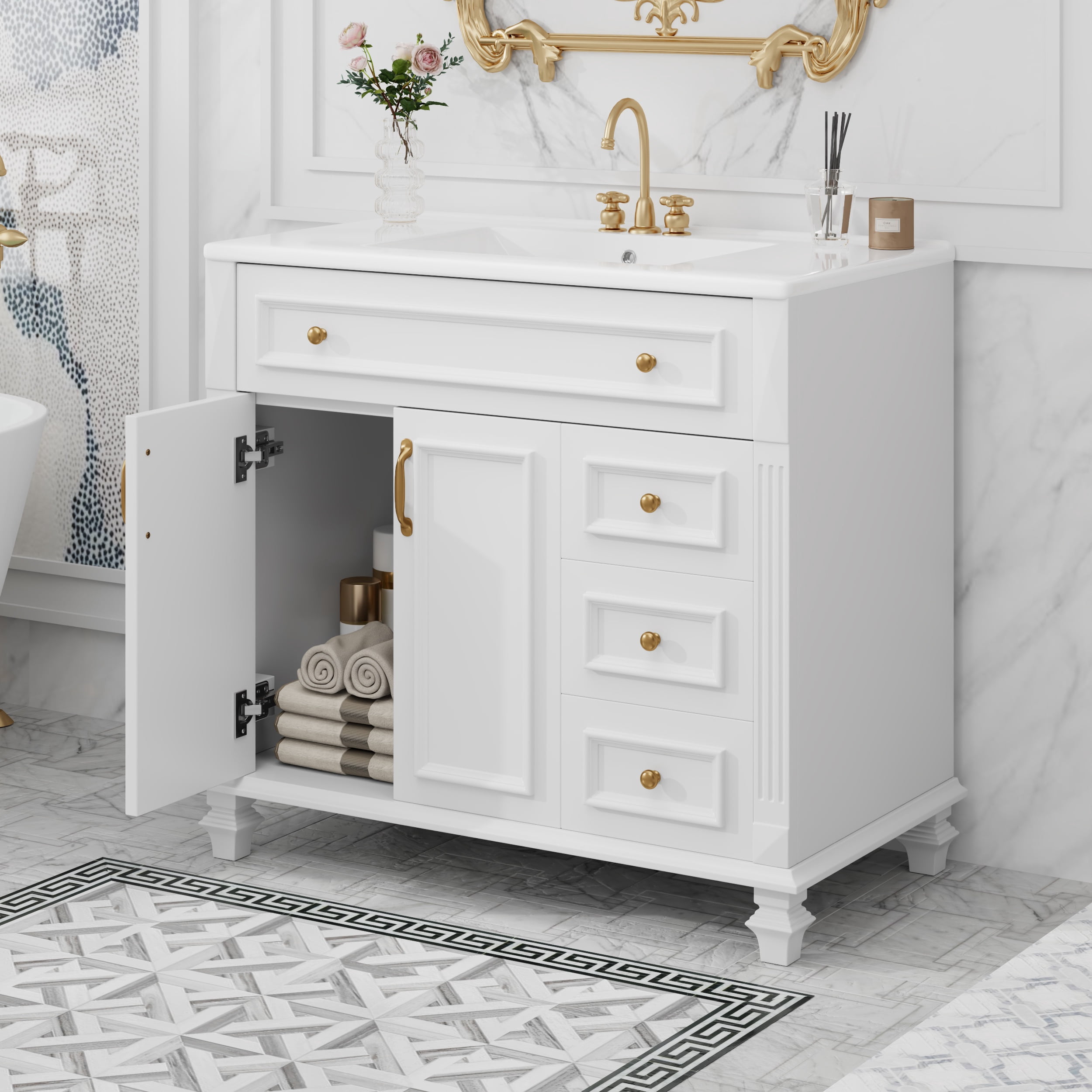 PORKISS 36" Bathroom Vanity with Ceramic Sink, Freestanding Bathroom Storage Cabinet with Flip-Out Drawer, 3 Drawers and 2 Doors, Wood Bathroom Vanity Cabinet with Gold Hardware, White