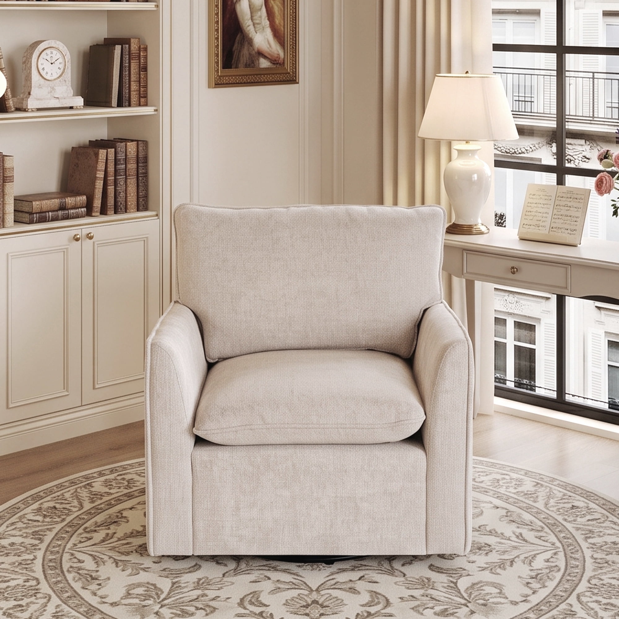 PORKISS 360° Swivel Accent Chair, Chenille Upholstered Bedroom Chair with Thick Cushion & Metal Base, Modern Reading Armchair for Living Room/Bedroom, Beige