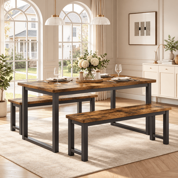 PAPROOS Dining Table Set for 4, 3-Piece Kitchen Table Set with 2 Benches, Metal Frame, Modern Dining Room Table Set for Home, Cafeteria, Bar, Brown