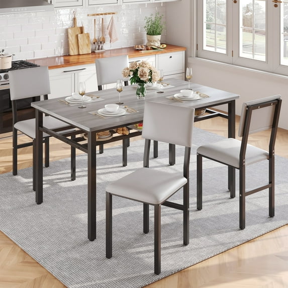 PORKISS 5-Piece Dining Table Set for 4, Modern Dining Table with 4 PU Leather Chairs, Gray + Black