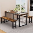 thumbnail image 1 of PAPROOS Dining Table Set for 4, 3-Piece Kitchen Table Set with 2 Benches, Dining Room Table Set with Metal Frame, Breakfast Nook Furniture Set for Home Cafeteria Bar Dining Room, Brown, 1 of 8