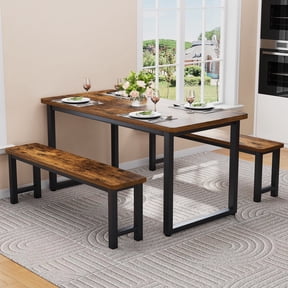 PAPROOS Dining Table Set for 4, 3-Piece Kitchen Table Set with 2 Benches, Dining Room Table Set with Metal Frame, Breakfast Nook Furniture Set for Home Cafeteria Bar Dining Room, Brown