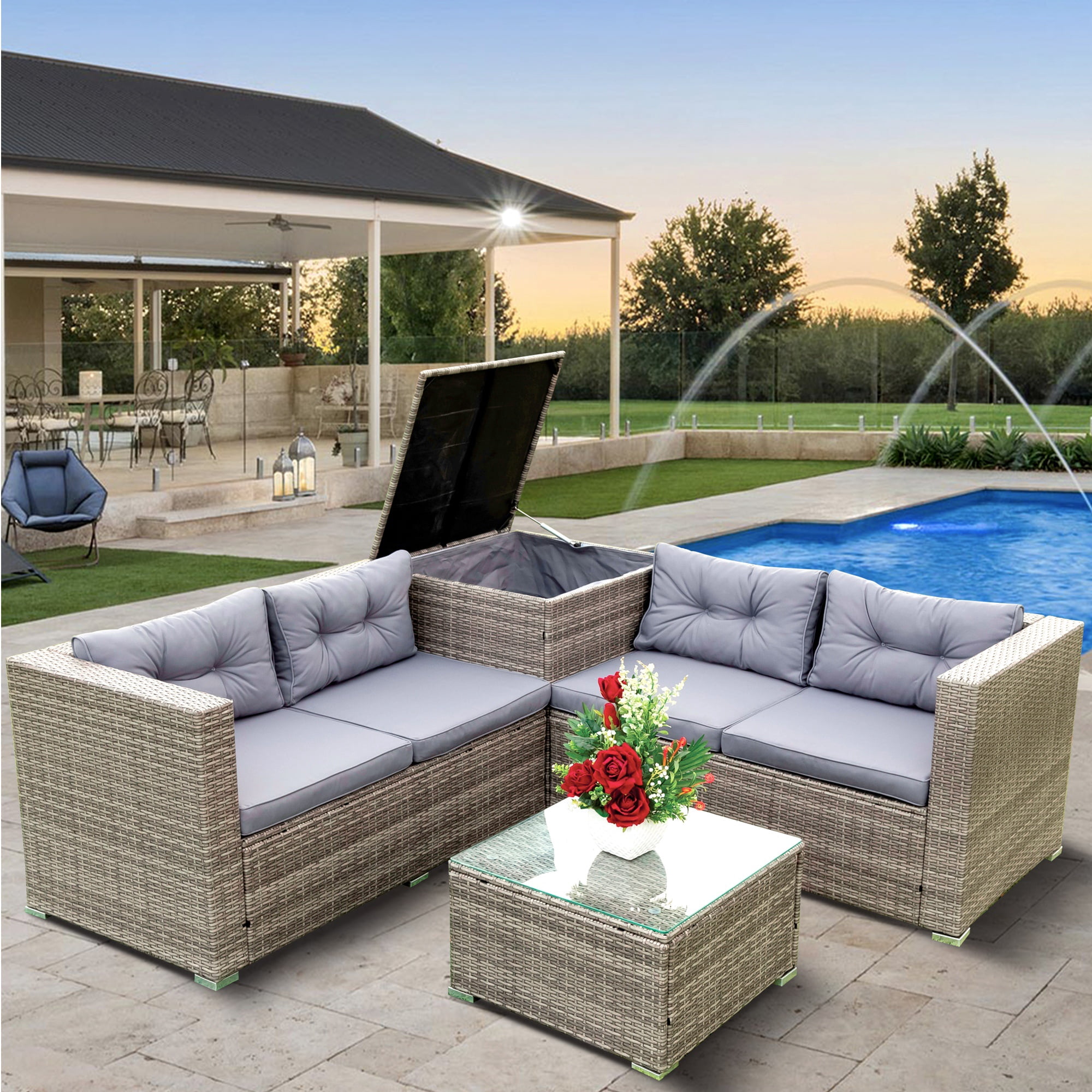 PORKISS 4 Piece Patio Furniture Set, All-Weather Wicker Rattan Outdoor Sectional Sofa Set with Cushions and Storage Box for Garden Poolside, Grey