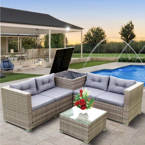 PORKISS 4 Piece Patio Furniture Set, All-Weather Wicker Rattan Outdoor Sectional Sofa Set with Cushions and Storage Box for Garden Poolside, Grey