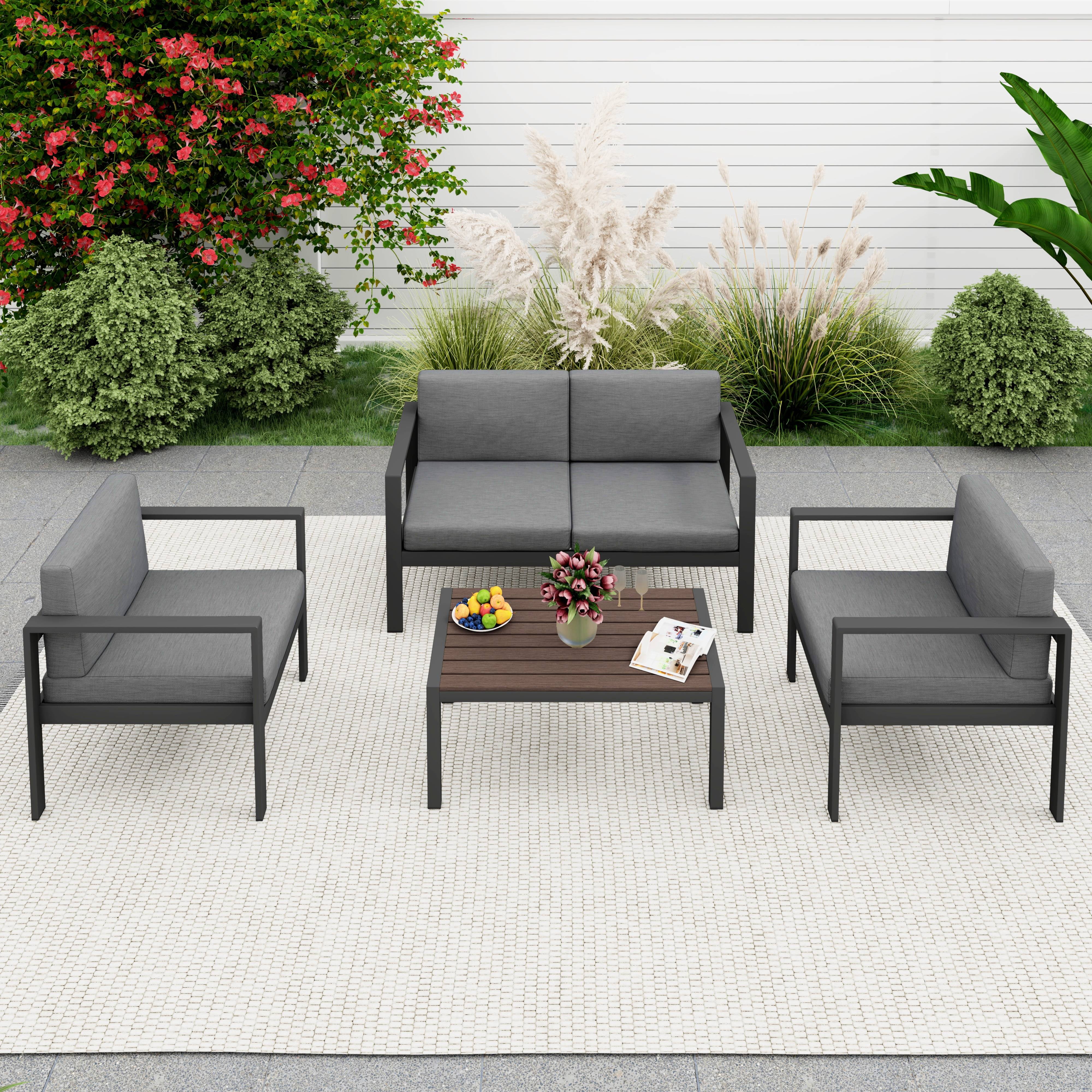 PORKISS 4 Piece Patio Furniture Set, Aluminum Outdoor Sectional Sofa Set with Cushions and Table, Modern Conversation Set for Garden, Grey/Black