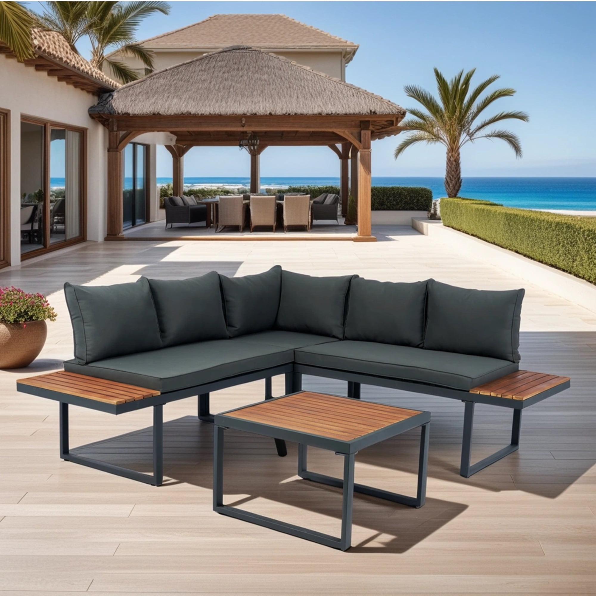 PORKISS 4 Pieces Outdoor Patio Set, Wicker L-Shaped Sectional Sofa Set with Wood Side Table and Cushions, Modern 5-Seater Conversation Set for Garden, Yard, Poolside, Dark Grey