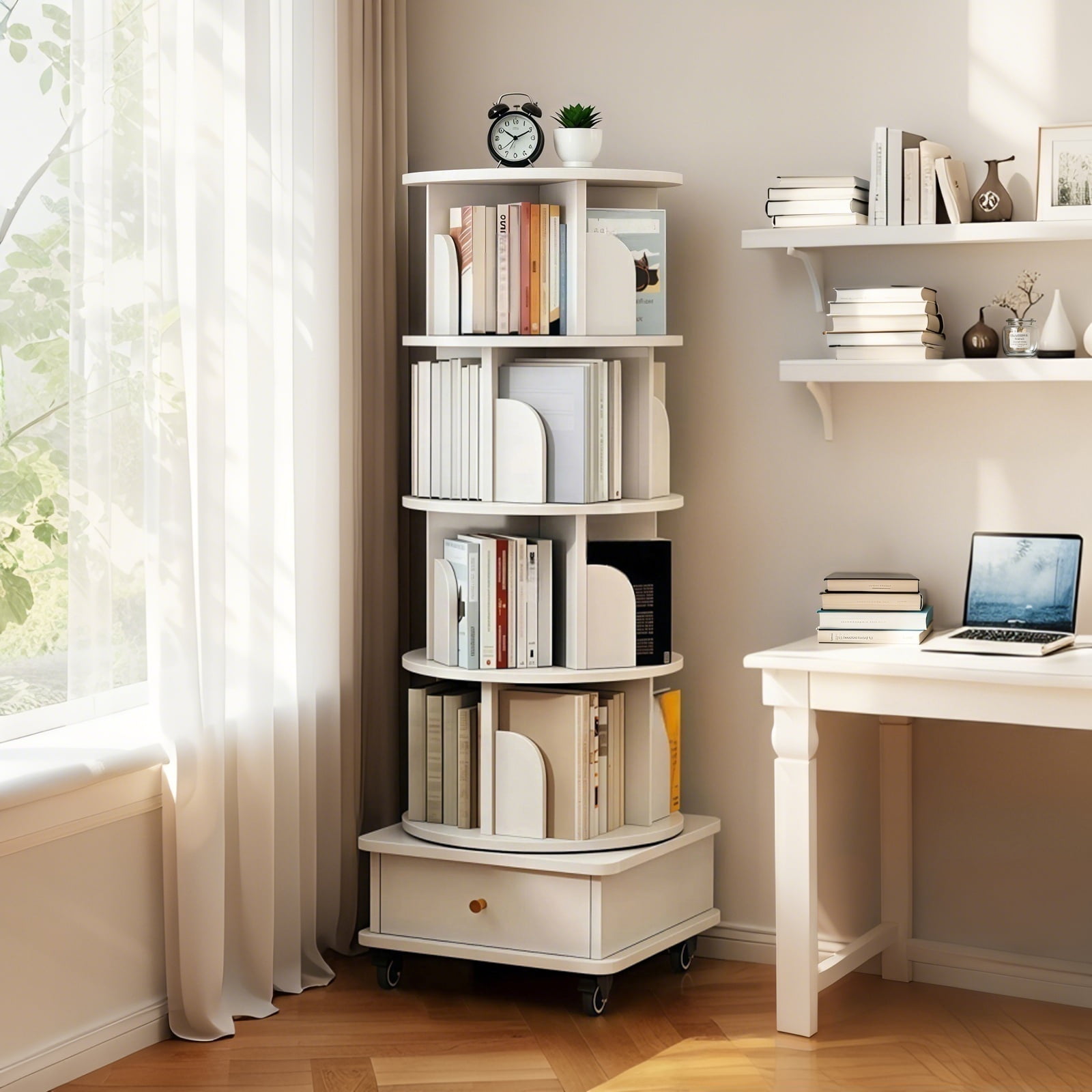 Paproos 5 Tier Rotating Bookshelf, 360° Display Wood Spinning Bookshelf Tower with Wheels and Bottom Drawer, Small Rotating Bookcase, Corner Book Shelf for Home Office, Bedroom, Warm White