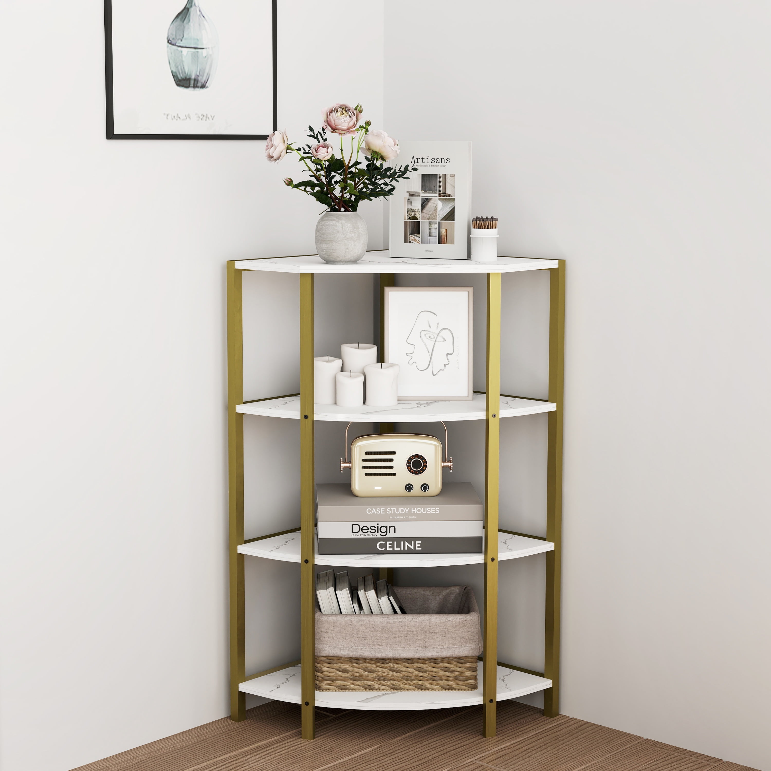 PORKISS 4 Tier Corner Bookshelf, Wooden Display Open Shelves with Metal