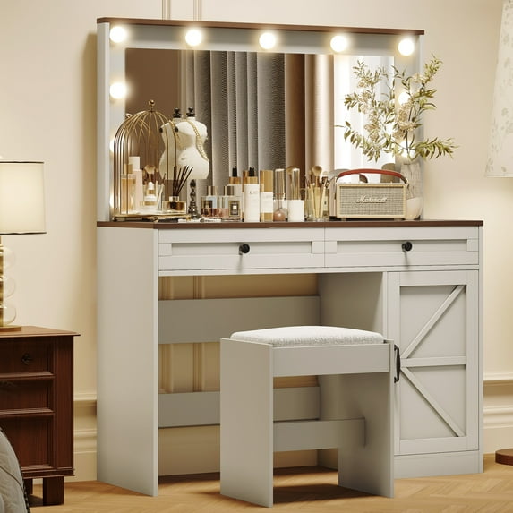 SPRILIFE 43.4" Makeup Vanity Table with Large Mirror and 11 LED Light, Brightness Adjustable, Dressing Table Desk with Stool, Vanity Desk for Women, (White with LED Bulbs)