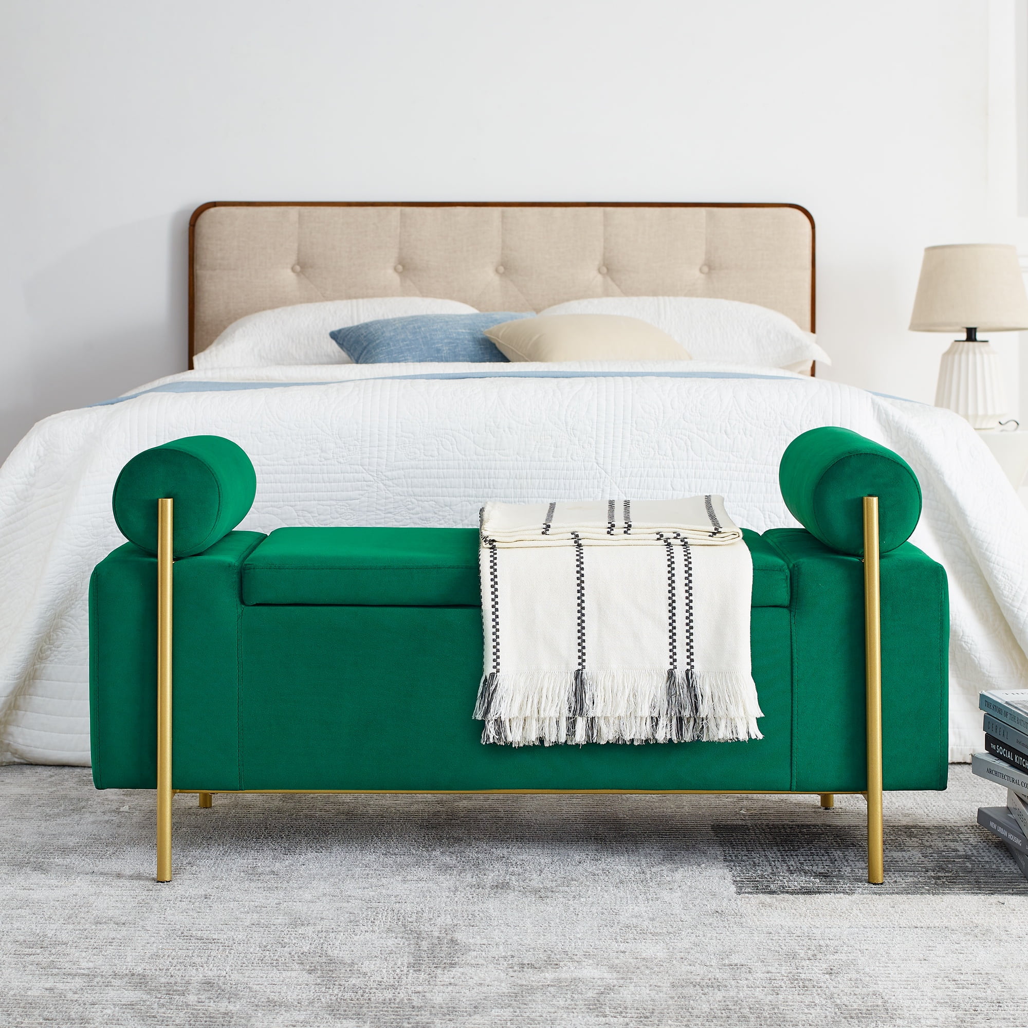 PORKISS 44” Storage Bench, Linen Upholstered Storage Ottoman with Metal Legs, Modern Long End of Bed Seat with Cylindrical Arms for Living Room, Bedroom, Entryway, Green