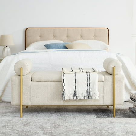 PORKISS 44” Storage Bench, Linen Upholstered Storage Ottoman with Metal Legs, Modern Long End of Bed Seat with Cylindrical Arms for Living Room, Bedroom, Entryway, Beige