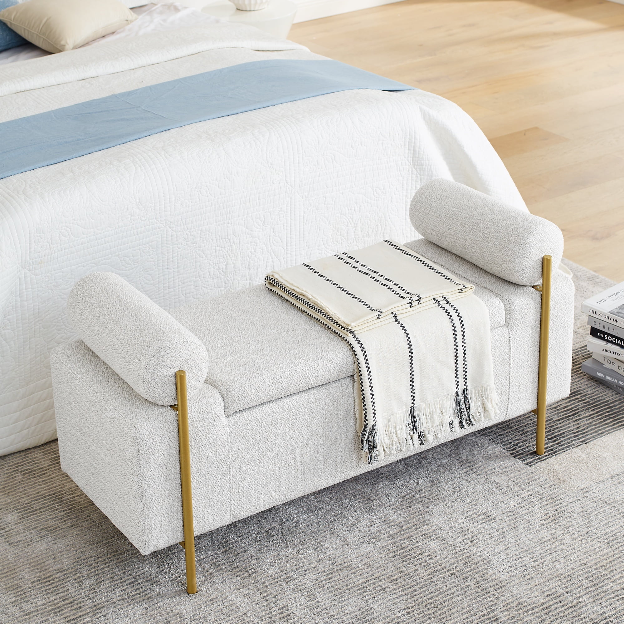 PORKISS 44” Storage Bench, Linen Upholstered Storage Ottoman with Metal Legs, Modern Long End of Bed Seat with Cylindrical Arms for Living Room, Bedroom, Entryway, White