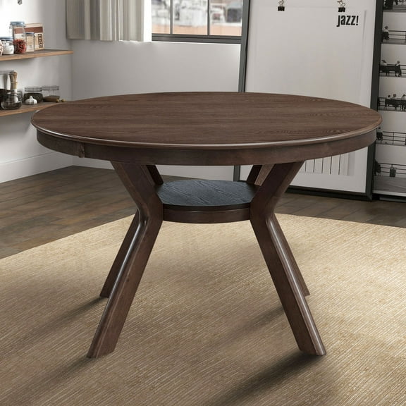 PORKISS 47" Round Dining Table for 4 People, Coffee Table, Modern Farmhouse Wooden Kitchen Table with Storage Shelf, Living Room, Dark Brown (Chairs Not Included)