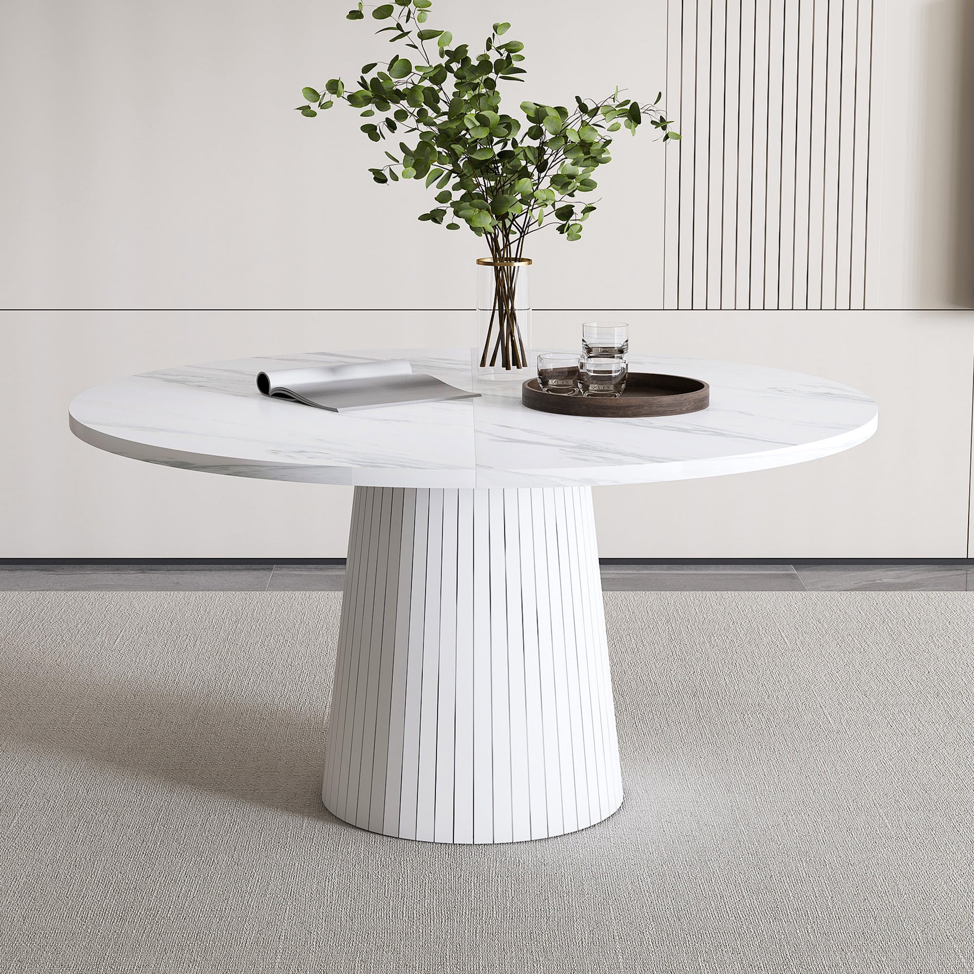 PORKISS 47" Circle Dining Table, Fluted Round Kitchen Table for 4 with 1.18" Thick Wood Tabletop, Modern Farmhouse Dining Room Table with Metal-Reinforced Base for Kitchen, White