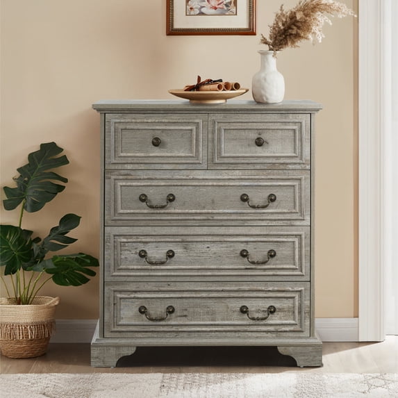 PORKISS 5 Drawer Dresser for Bedroom, Wood Chest of Drawers with Metal Handle, Farmhouse Modern Storage Cabinet Dresser Organizer for Living Room, Closet, Hallway, Grey