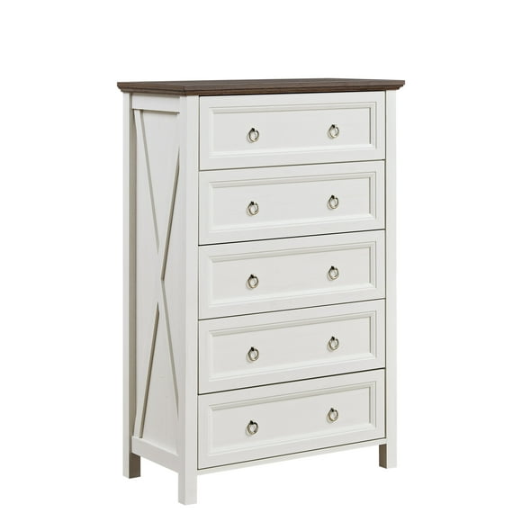 PORKISS 5 Drawer Dresser for Bedroom, Wooden Chest of Drawers with Metal Round Handle, Farmhouse Rustic Tall Storage Organizer for Adults, Living Room, Hallway, White
