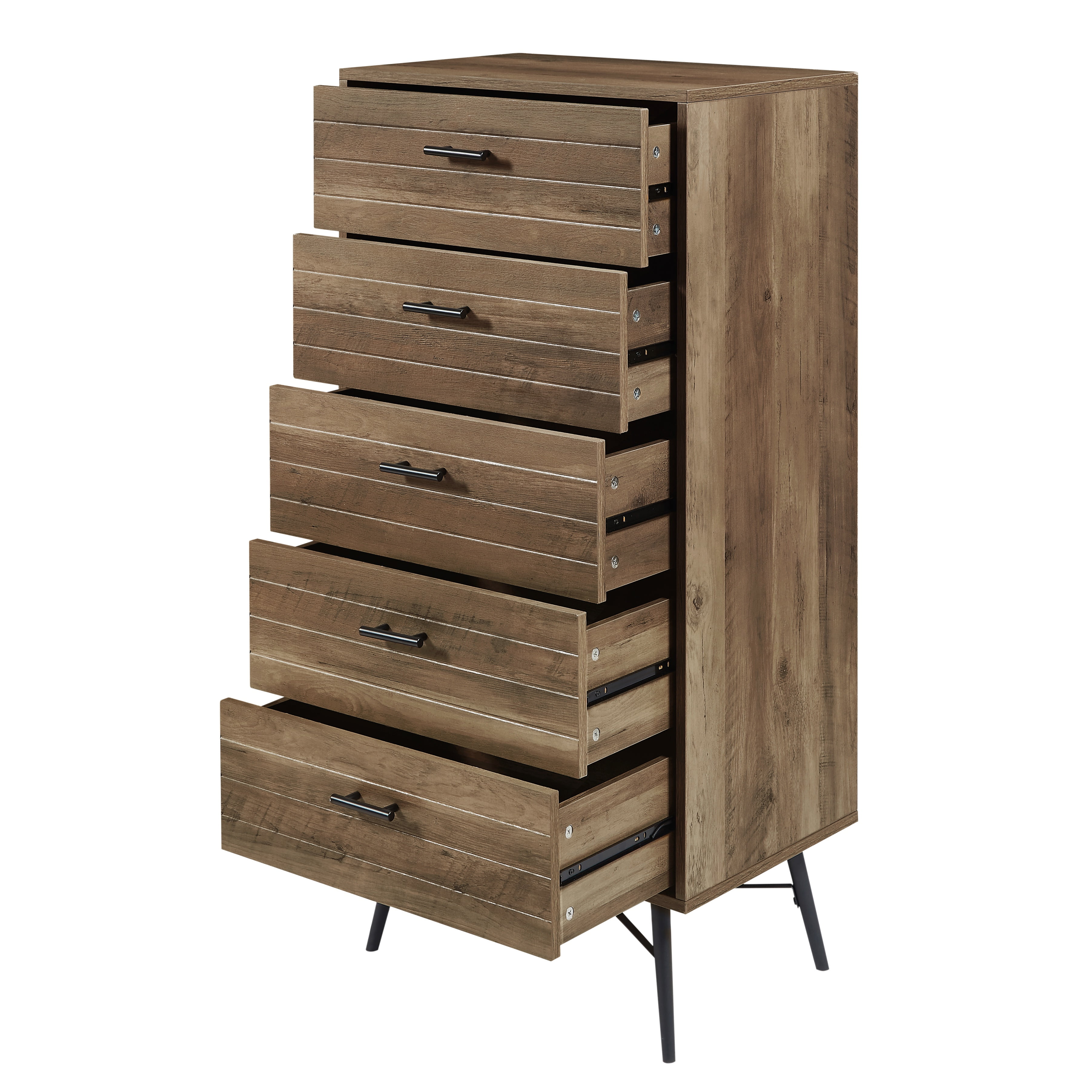 PORKISS 5 Drawer Dresser, Spacious Chest of Drawers, Vertical Dresser, Vintage Dresser Organizer Storage Cabinet for Bedroom, Closet, Hallway, Rustic Walnut