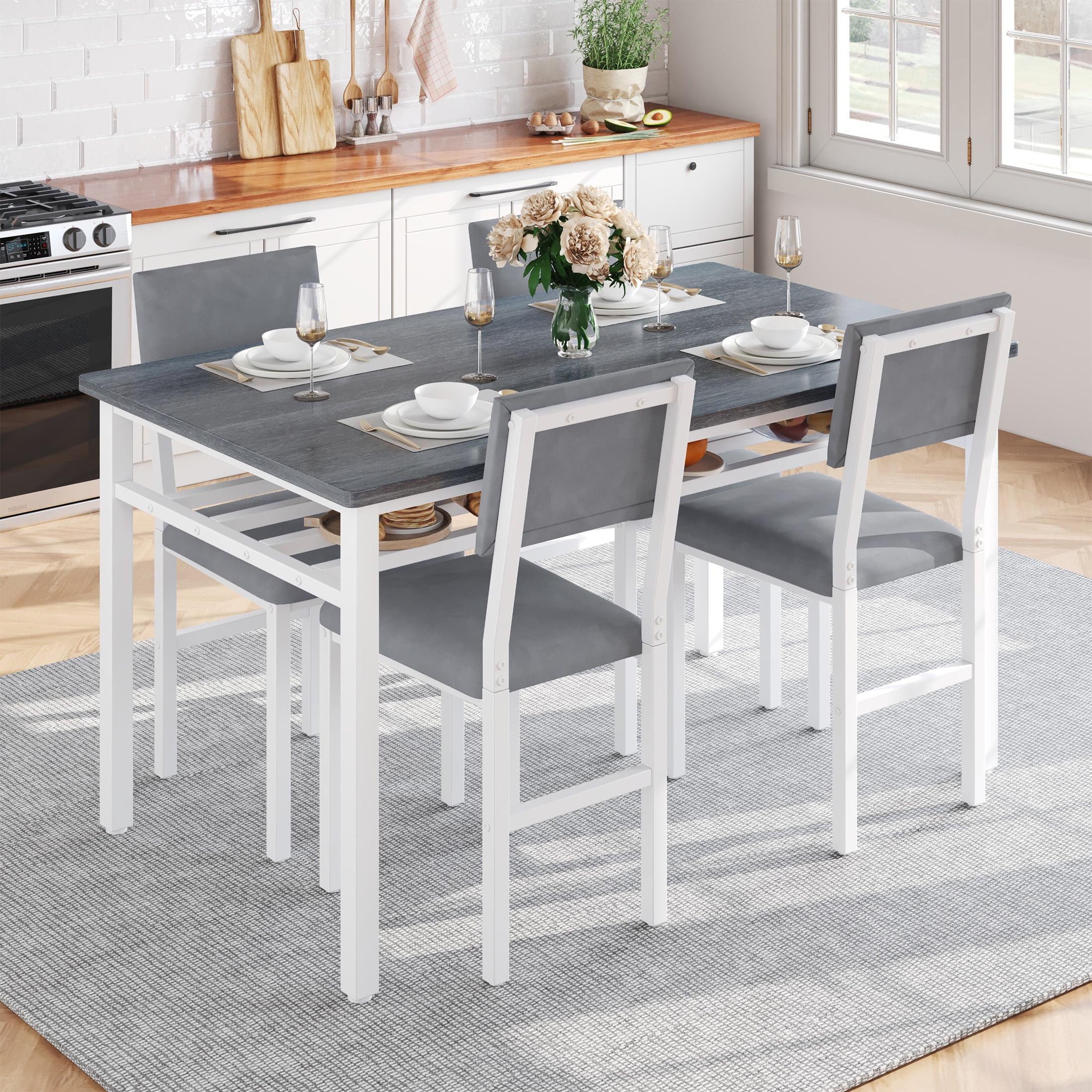 PORKISS Dining Table Set for 4, Modern Dining Table with 4 Velvet ...