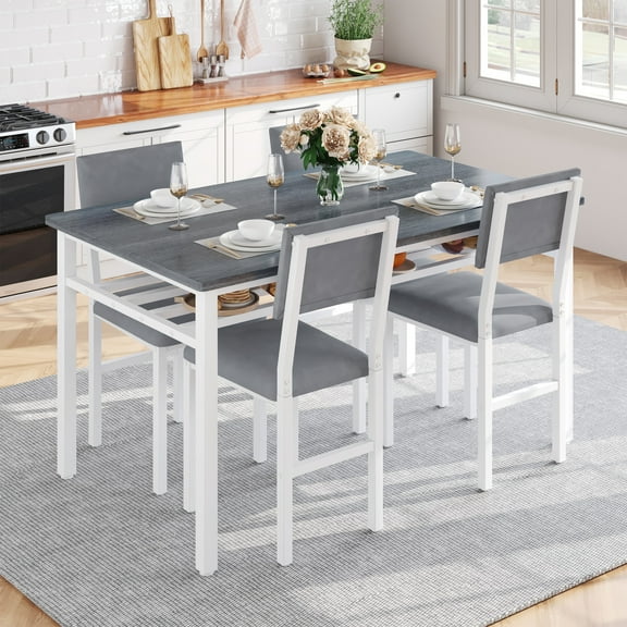 PORKISS Dining Table Set for 4, Modern Dining Table with 4 Velvet Chairs, Modern Kitchen Table Set with Storage for Breakfast Nook, Cafeteria Dining Room, Gray White
