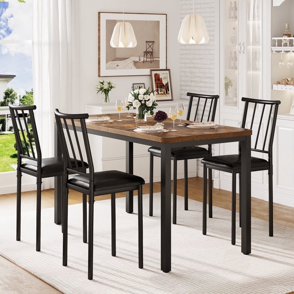 PORKISS 5 Piece Dining Table Set for 4, Kitchen Table and Chairs Set with 4 Leather Cushioned Chairs, Rectangle Dining Room Set with Metal Frame, Small Space Breakfast Nook Dinette Set, Brown+Black