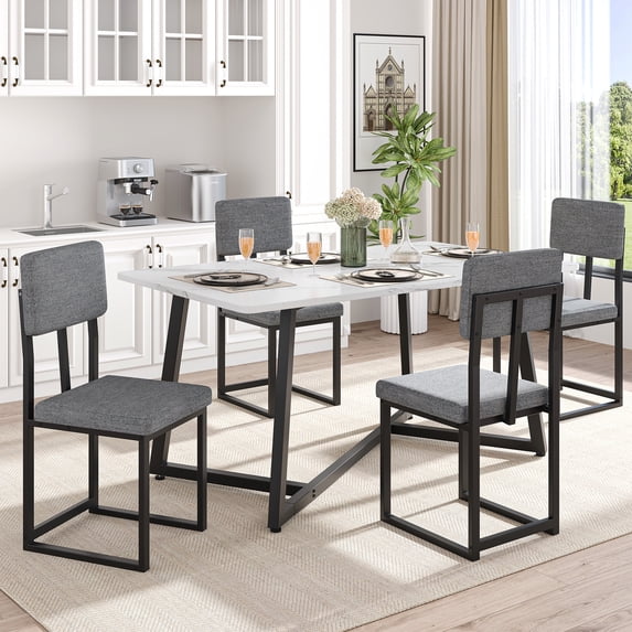 PORKISS 5 Piece Dining Table and Chair Set, Kitchen Dining Room Table Set with Faux Marble Table Linen Chairs, Rectangle Dining Table Set for 4, Dinette Set for Small Space, White + Gray + Black