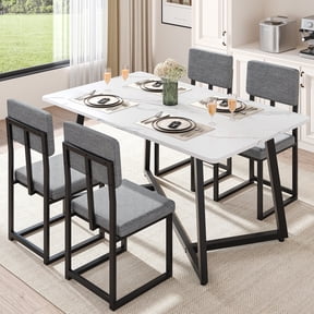 PORKISS 5 Piece Dining Table Set, Modern Faux Marble Tabletop and 4 Linen Upholstered Chairs, Rectangle Kitchen Table and Chairs for 4, White + Gray(Linen)