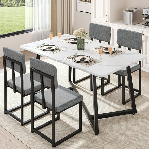 PORKISS 5 Piece Dining Table Set, Modern Faux Marble Tabletop and 4 Linen Upholstered Chairs, Rectangle Kitchen Table and Chairs for 4, White + Gray(Linen)