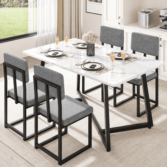 PORKISS 5 Piece Dining Table Set, Modern Faux Marble Tabletop and 4 Linen Upholstered Chairs, Rectangle Kitchen Table and Chairs for 4, White + Gray(Linen)