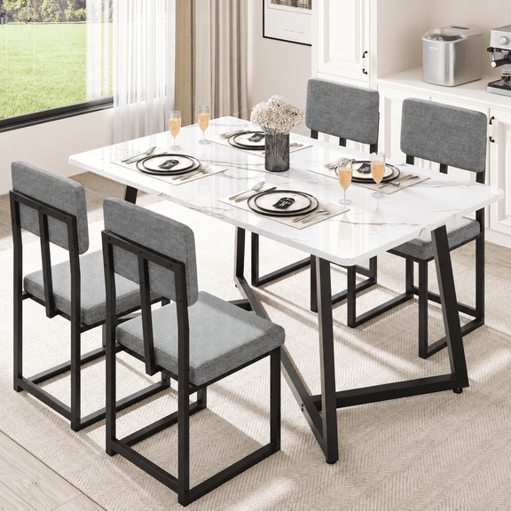 PORKISS 5 Piece Dining Table Set, Modern Faux Marble Tabletop and 4 Linen Upholstered Chairs, Rectangle Kitchen Table and Chairs for 4, White + Gray(Linen)