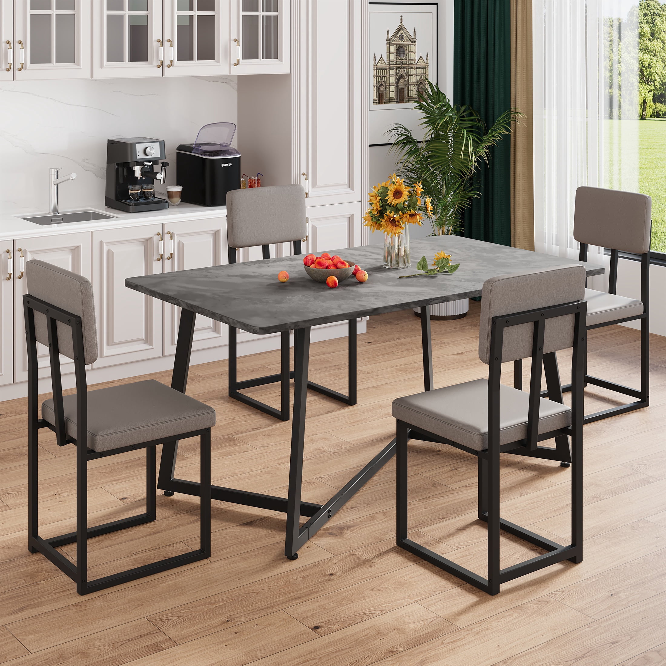 PORKISS 5 Piece Dining Table Set, Modern Faux Marble Tabletop and 4 PU Leather Upholstered Chairs, Rectangle Kitchen Table and Chairs for 4, Gray + Gray(PU)