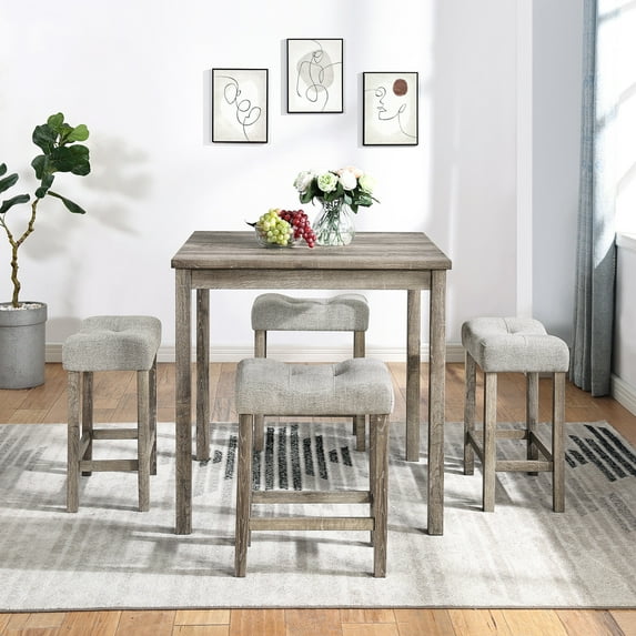 PORKISS 5 Piece Dining Table Set, Rustic Bar Table Set with 1 Table 4 Upholstered Stools, Brown