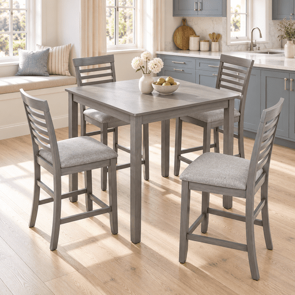 PORKISS 5 Piece Dining Table Set, Wood Counter Height Kitchen Table Set, Dining Room Set with Upholstered Chairs Ladder Backrest, Gray