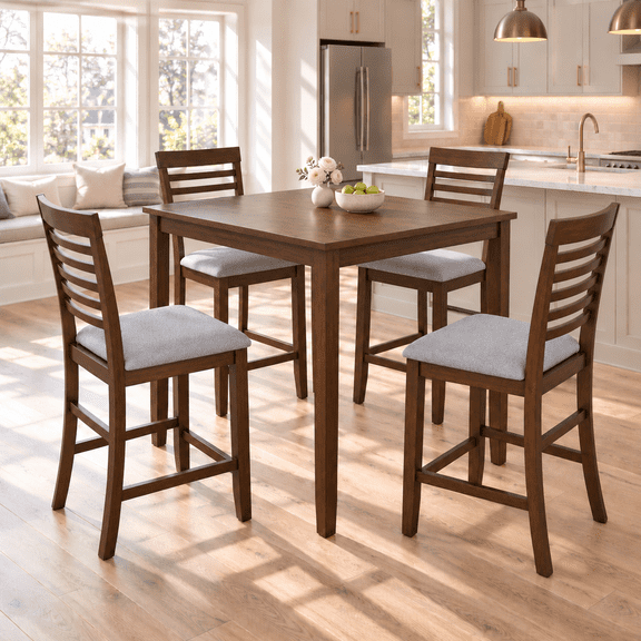 PORKISS 5 Piece Dining Table Set, Wood Dining Room Set with Upholstered Chairs Ladder Backrest, Walnut