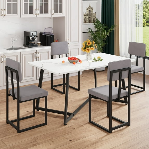 PORKISS 5 Piece Dining Table and Chair Set, Kitchen Dining Room Table Set with Faux Marble Table Velvet Chairs, Rectangle Dining Table Set for 4, Dinette Set for Small Space, White + Gray + Black