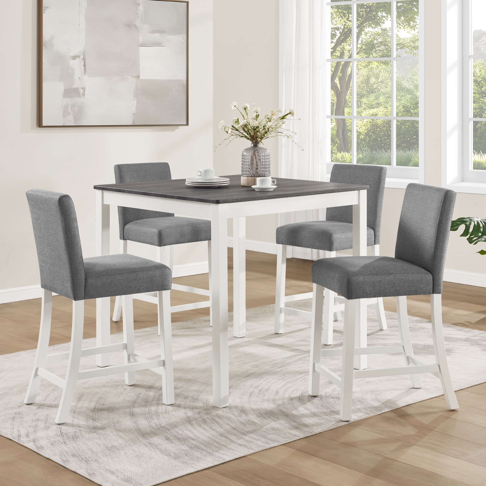 PORKISS 5 Pieces Counter Height Table Set, Kitchen Table with 4 Chairs, Solid Wood Dining Room Set for 4 with Upholstered Chairs, Gray + White