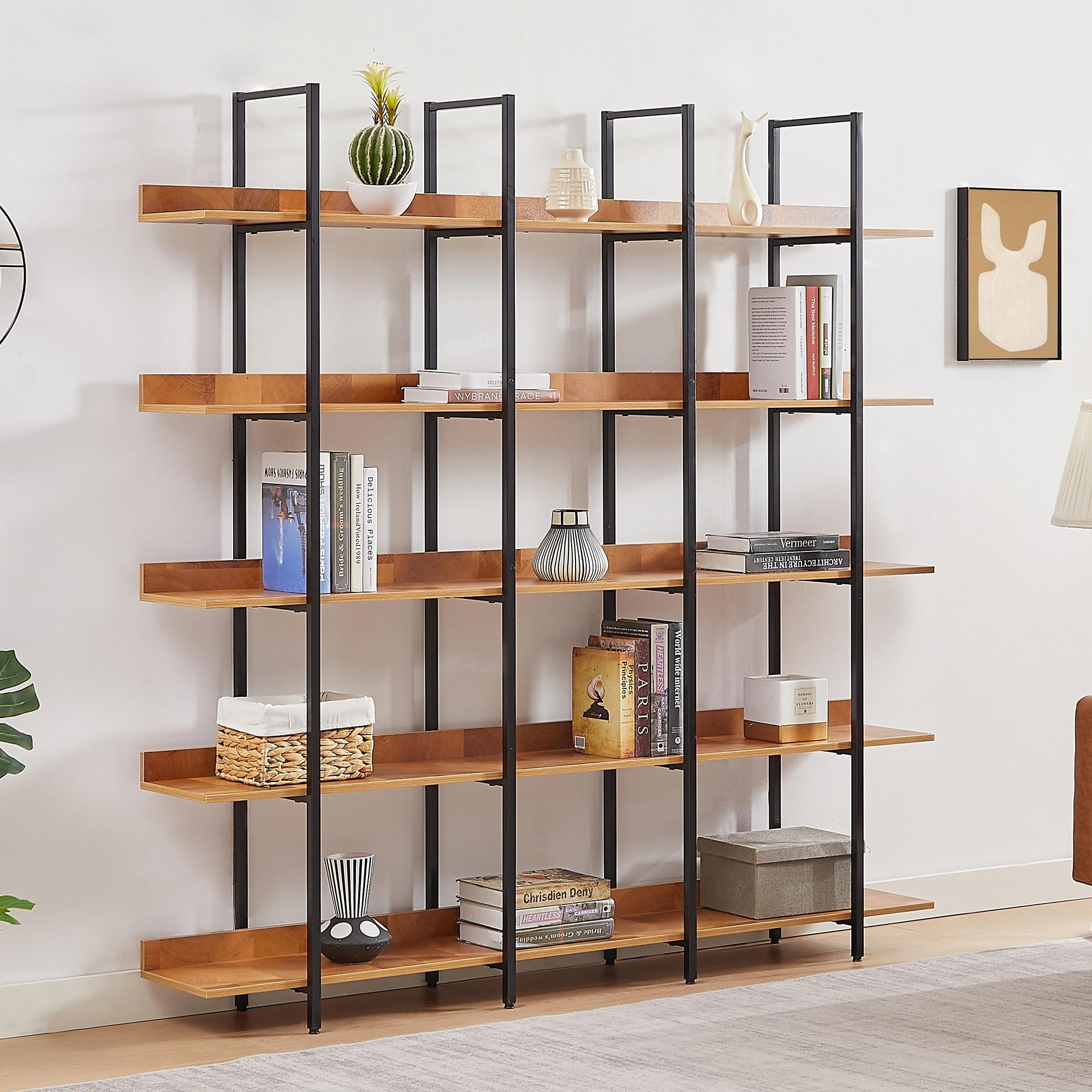 PORKISS 5 Tier Bookcase, Wood & Steel Open Bookshelf with Metal Frame, Square Vintage Industrial Style Tall Bookshelf, Modern Freestanding Etagere Bookcase for Home Office, Black/Brown