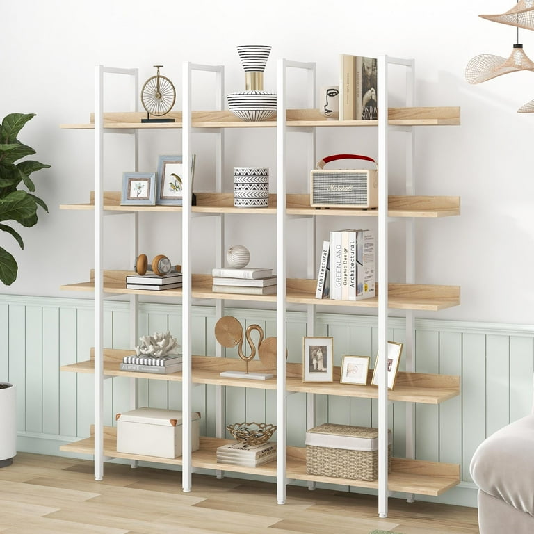 PORKISS 5 Tier Bookcase Wood Steel Open Bookshelf with Metal Frame Square Vintage Industrial Style Tall Bookshelf Modern Freestanding Etagere Bookcase for Home Office Oak White Walmart