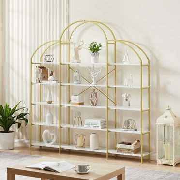 PORKISS 5 Tier Bookshelf, 74.8" Wood Tall Display Storage Shelf with Metal Frame, Freestanding Modern Etagere Bookcase for Adults, Bedroom, Living Room, Home Office, Gold/White