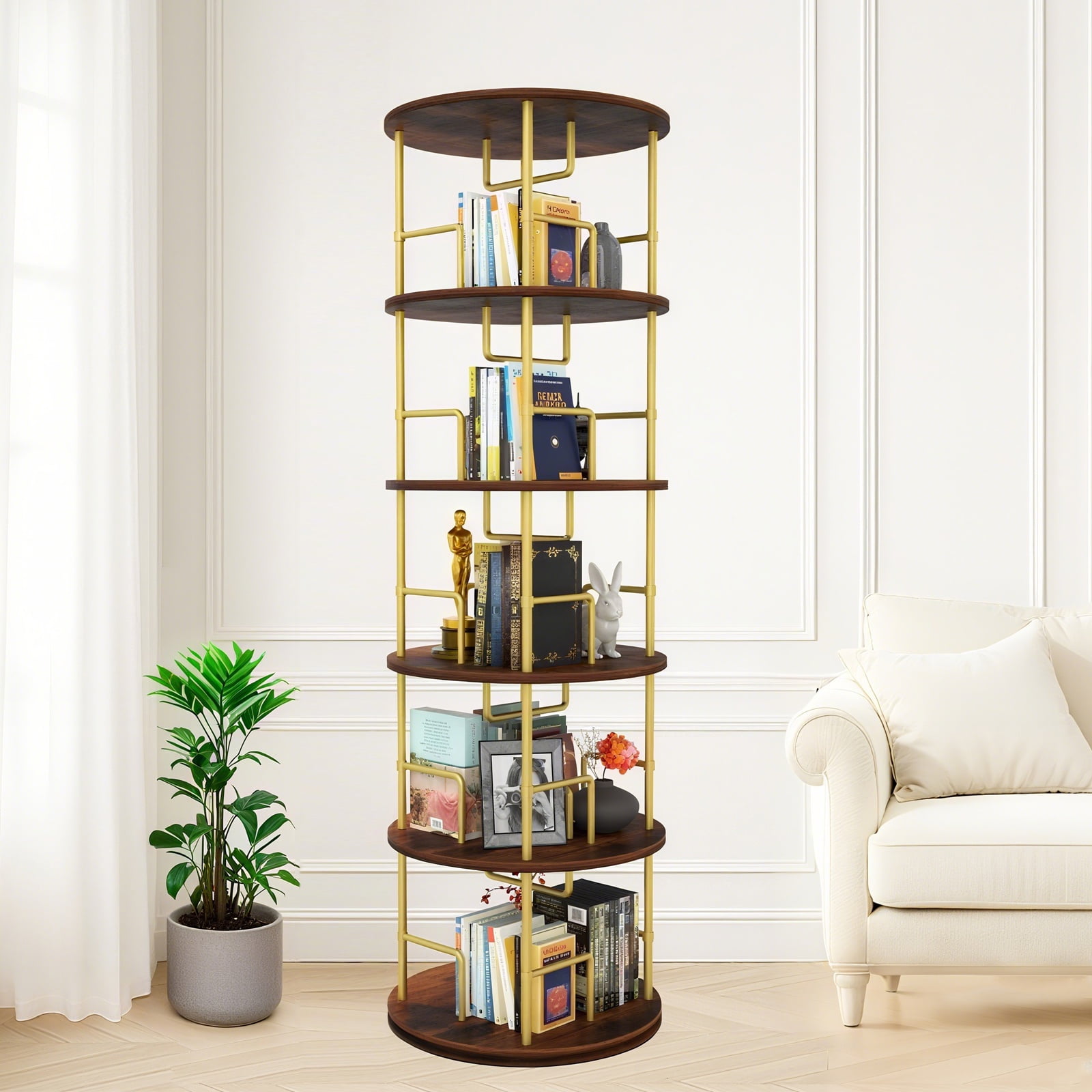 PORKISS 5 Tier Rotating Bookshelf, 360° Display Rotating Bookcase Corner Storage Rack with Partition Storage, Round Spinning Bookshelf for Office Living Room, Golden