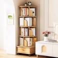 thumbnail image 1 of PORKISS 5 Tier Rotating Bookshelf, 360° Display Rotating Bookcase with Wheels and Drawer, Corner Storage Rack, Book Organizer Shelves for Home Office, Living Room, Wood, 1 of 10