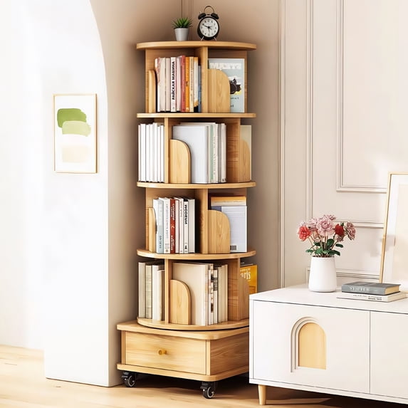 PORKISS 5 Tier Rotating Bookshelf, 360° Display Rotating Bookcase with Wheels and Drawer, Corner Storage Rack, Book Organizer Shelves for Home Office, Living Room, Wood