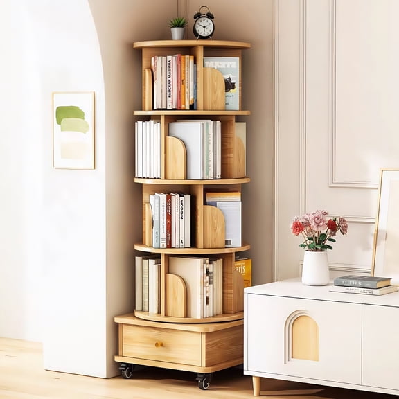 PORKISS 5 Tier Rotating Bookshelf, 360° Display Rotating Bookcase with Wheels and Drawer, Corner Storage Rack, Book Organizer Shelves for Home Office, Living Room, Wood
