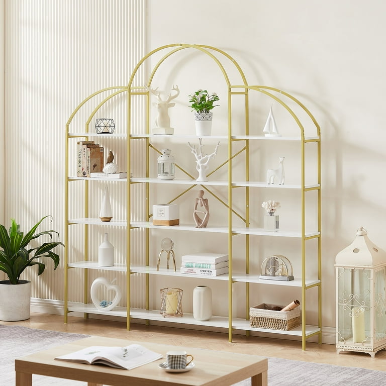 PORKISS 5 Tier Bookshelf 74.8 Wood Tall Display Storage Shelf with Metal Frame Freestanding Modern Etagere Bookcase for Adults Bedroom Living