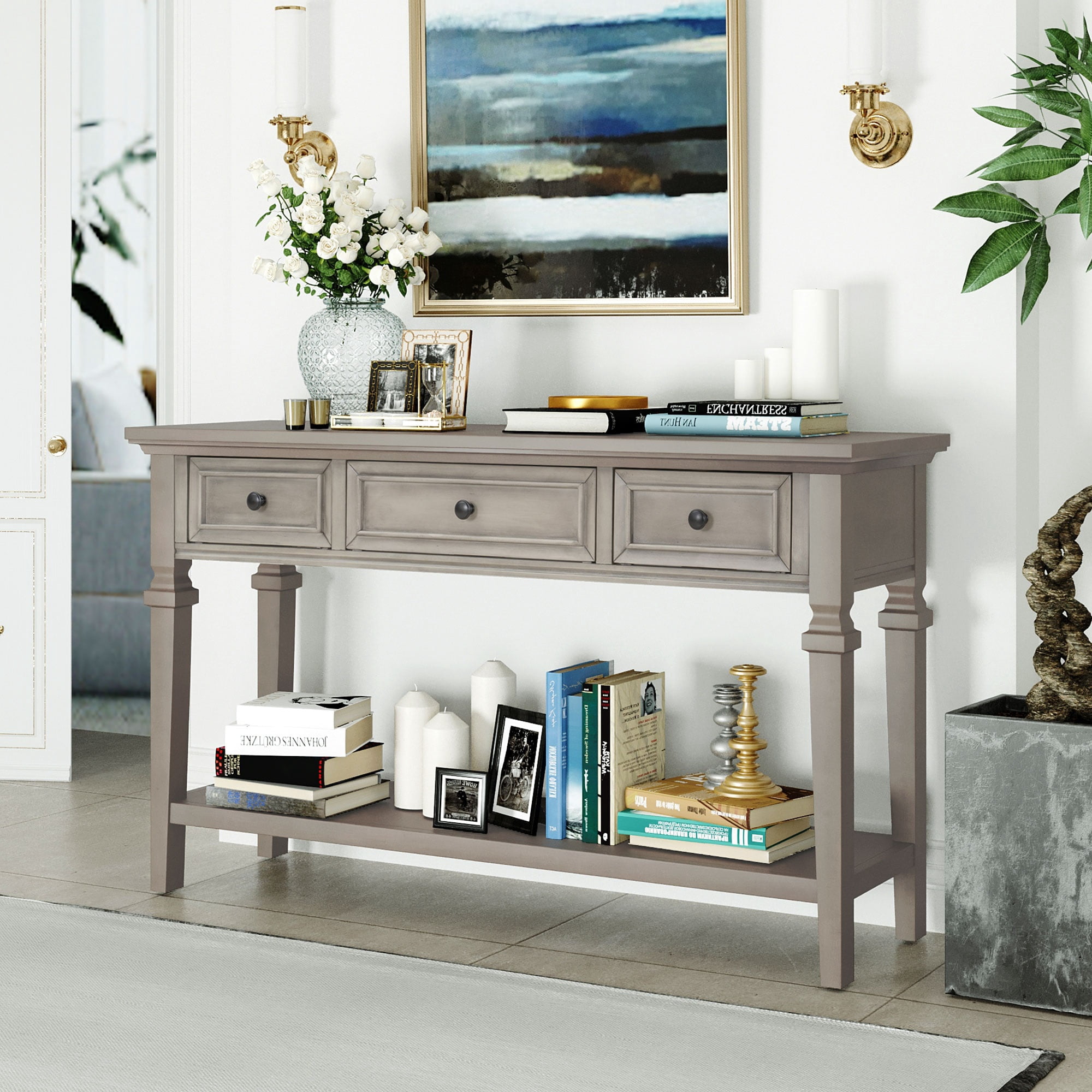 PORKISS 50" Console Table with 3 Storage Drawers, Narrow Long Entryway Table with Bottom Shelf, Vintage Sofa Table with Wood Frame for Living Room Entryway/Hallway/Foyer, Gray Wash