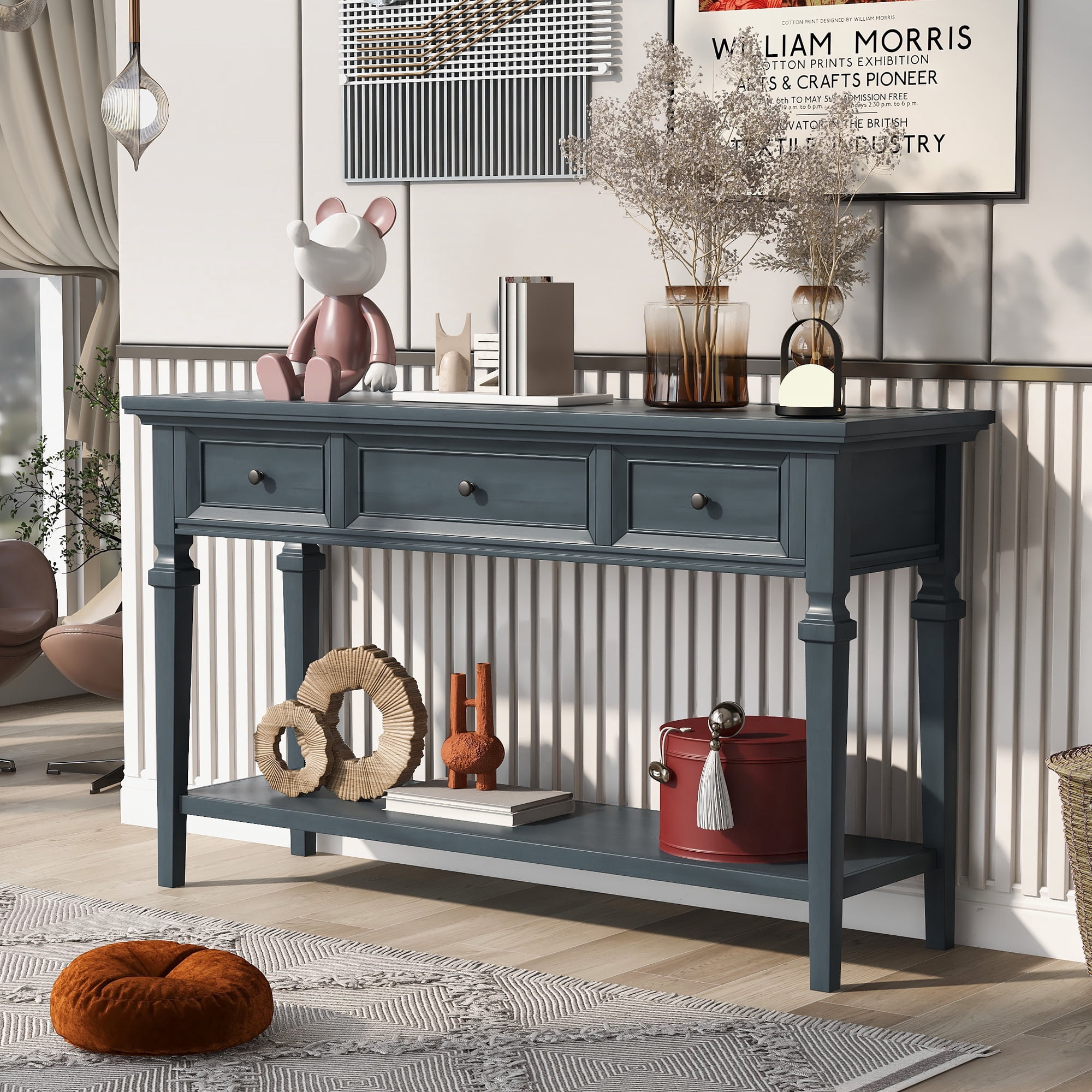 PORKISS 50" Console Table with 3 Storage Drawers, Narrow Long Entryway Table with Bottom Shelf, Vintage Sofa Table with Wood Frame for Living Room Entryway/Hallway/Foyer, Navy