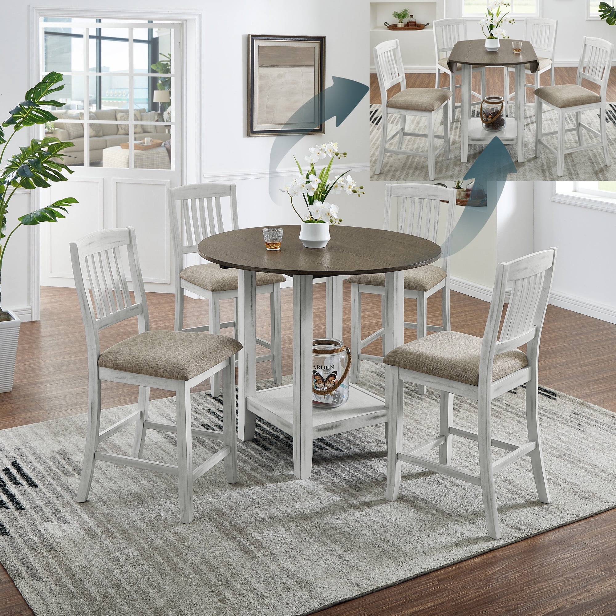 PORKISS Round Large Dining Table Sets for 4, Solid Wood Extendable Kitchen Table Set with 4 Upholstered Chairs, Dining Room Set with Storage Space, Brown White #2