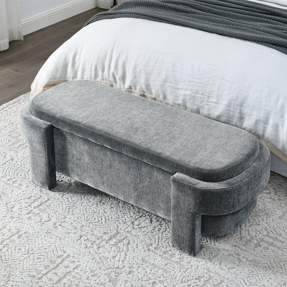 PORKISS 51” Storage Ottoman Bench, Linen Upholstered Long Storage Bench with Large Storage Space, Modern Foam End of Bed Seat for Living Room, Bedroom, Entryway, Grey