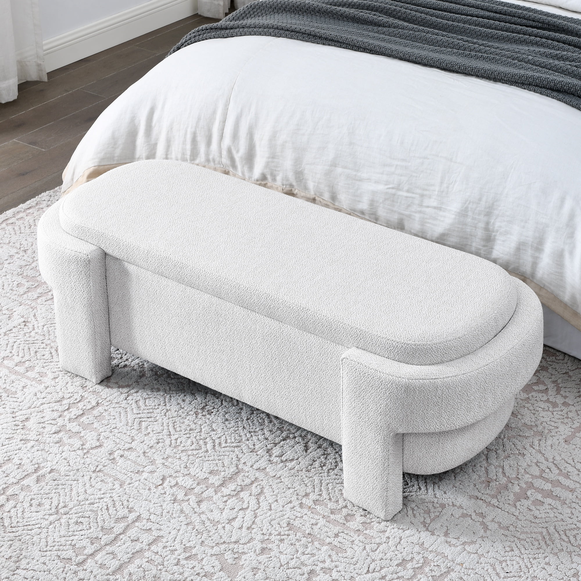 PORKISS 51” Storage Ottoman Bench, Linen Upholstered Long Storage Bench with Large Storage Space, Modern Foam End of Bed Seat for Living Room, Bedroom, Entryway, White